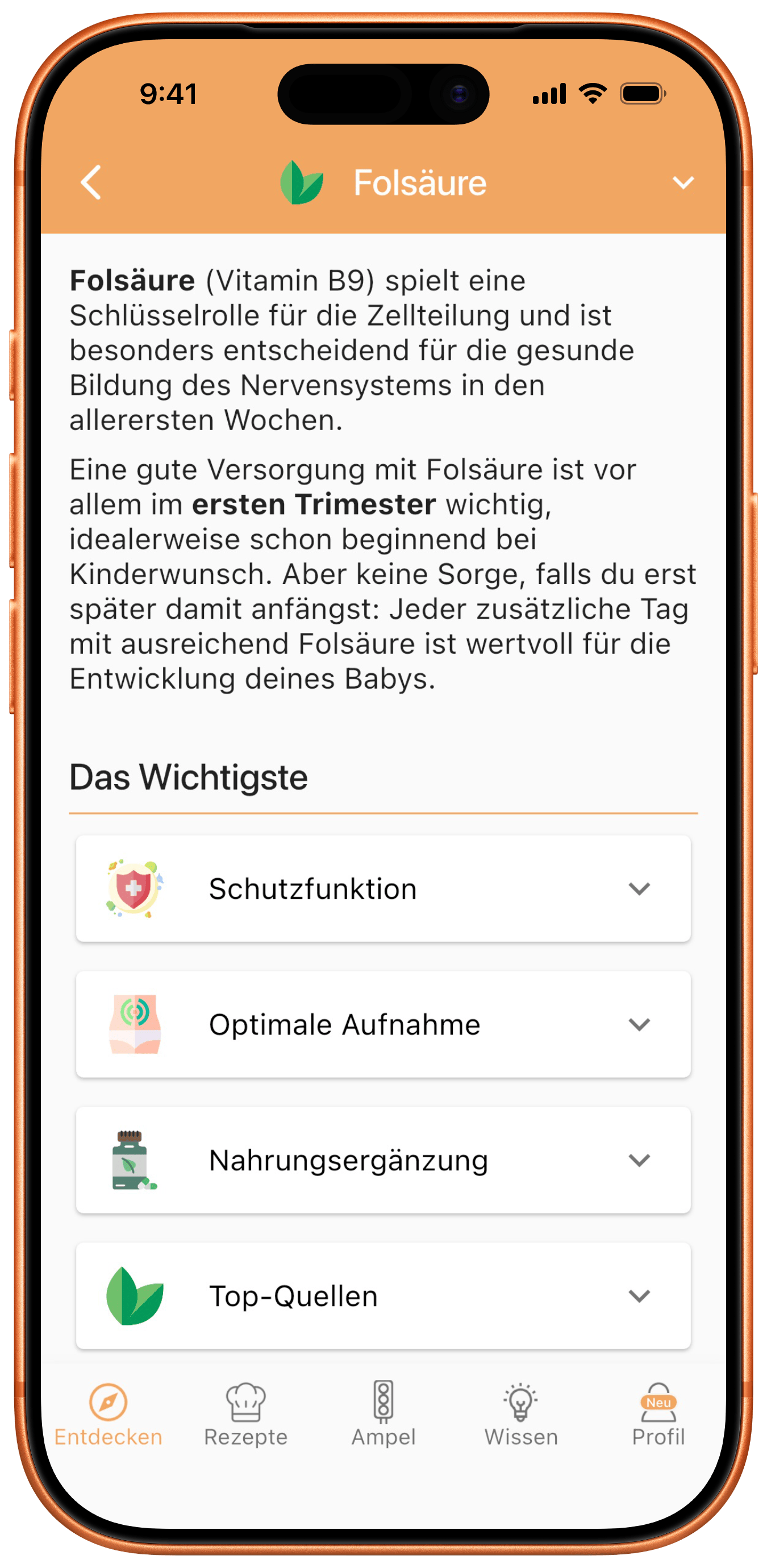 MIMBA App Screenshot: Folsäure-Ratgeber